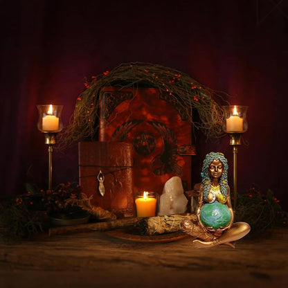 Gaia Mother Earth Goddess Statue, Resin Witchy Spiritual Figurines Pagan Nature Home Room Outdoor Decor, Gold, 6 X 4.2 X 3.6 Inch