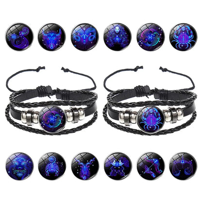 12 Constellation Zodiac Sign Charm Luminous Bracelets Men Women Vintage Multilayer Wrap Leather Chain Bangle Birthday Jewelry