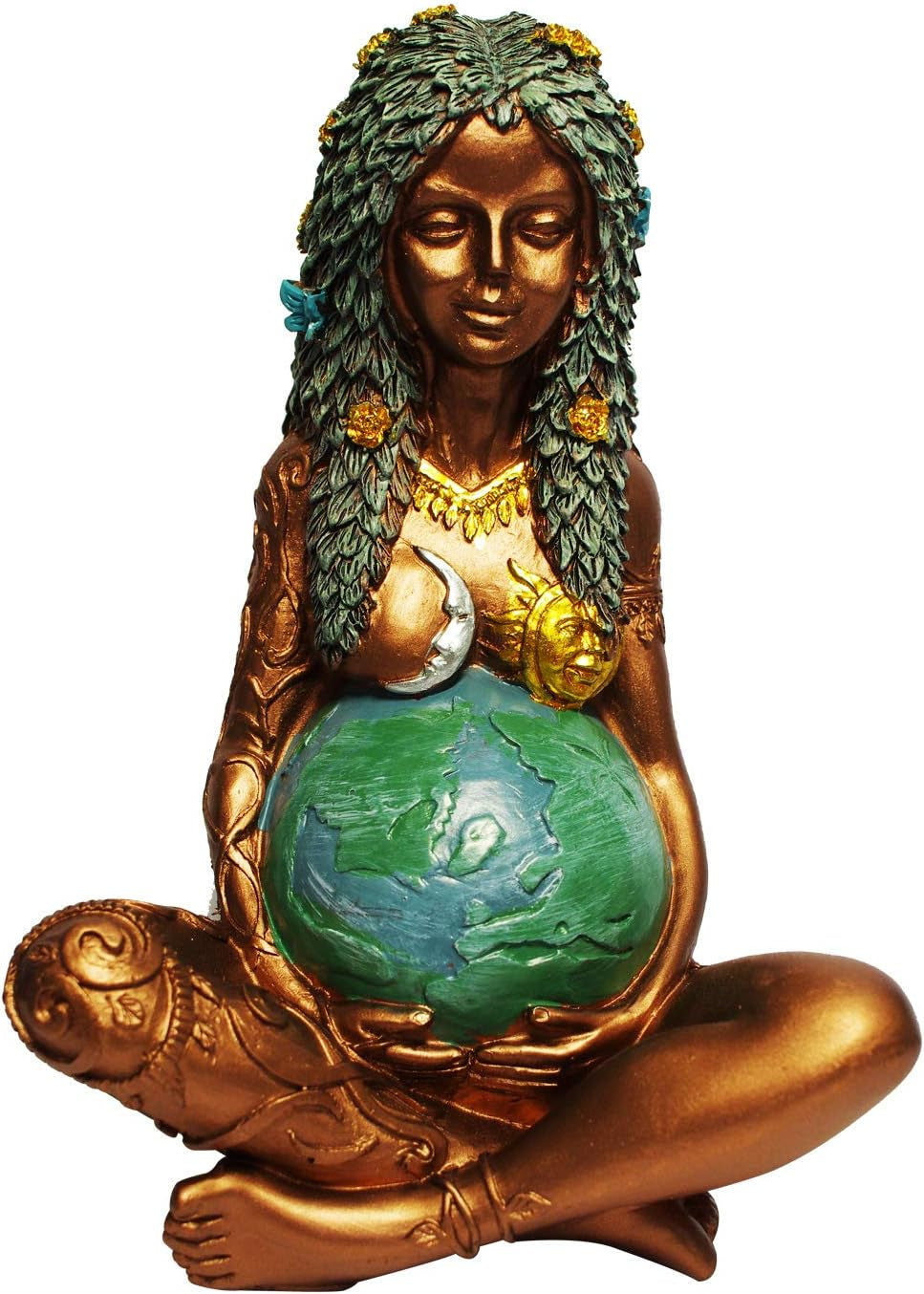 Gaia Mother Earth Goddess Statue, Resin Witchy Spiritual Figurines Pagan Nature Home Room Outdoor Decor, Gold, 6 X 4.2 X 3.6 Inch