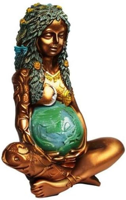 Gaia Mother Earth Goddess Statue, Resin Witchy Spiritual Figurines Pagan Nature Home Room Outdoor Decor, Gold, 6 X 4.2 X 3.6 Inch